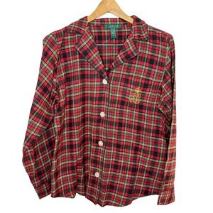 Women's Lauren Ralph Lauren Plaid Sleep Shirt Embroidered SZ M 100% Cotton